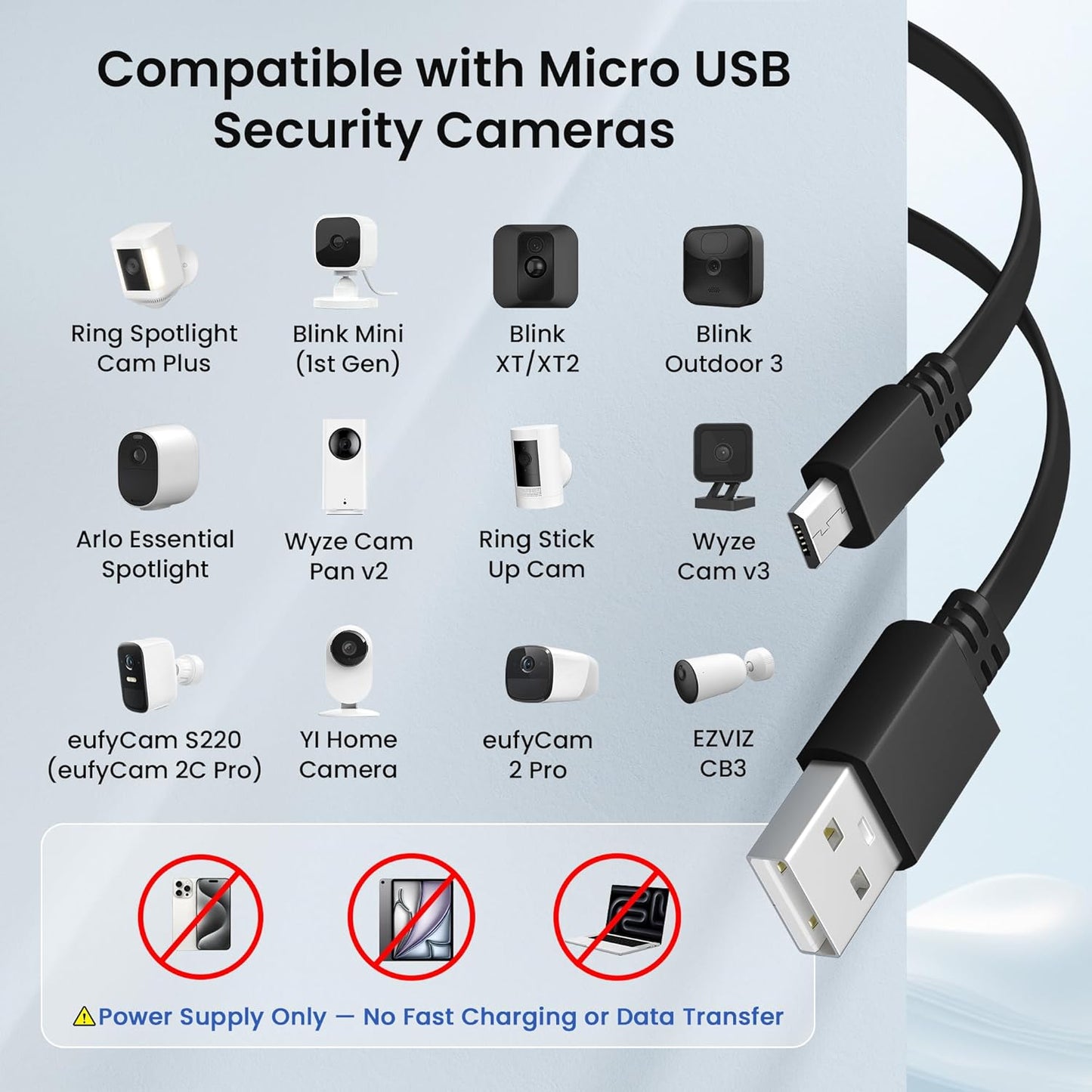 Flat USB a to Micro USB Power Extension Cable 30FT/9M 2Pack,Black | Extra Long Charging Extender Cord for Wyze Cam V4/Pan V2,Blink Mini/Xt2/Outdoor 3,Ezviz,Eufycam 2 Pro/2C,Arlo,Security Camera