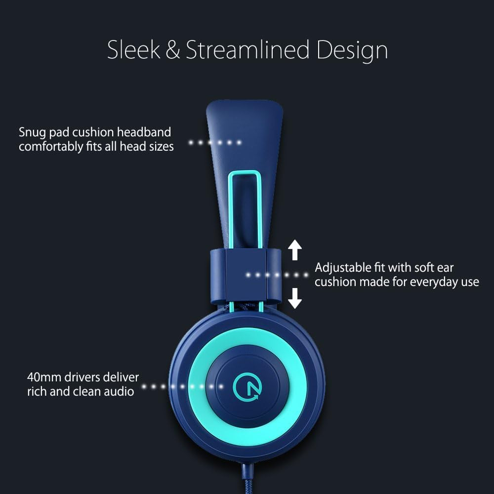 K11 Kids Headphones with Wired Cord 3.5Mm Jack Navy/Teal | 5Ft Long Cord, Tangle Free, Foldable, Plug in On-Ear Headset for School, Classroom, Boys, Girls, Toddler Laptop Travel Tablet