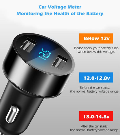 2 USB Car Charger,12V/24V Voltage Meter, Black | Cigarette Lighter USB Adapter with LED Voltage Meter, 12V/24V Car Charger Compatible for Iphone, Samsung, Ipad, GPS, Dash Cam