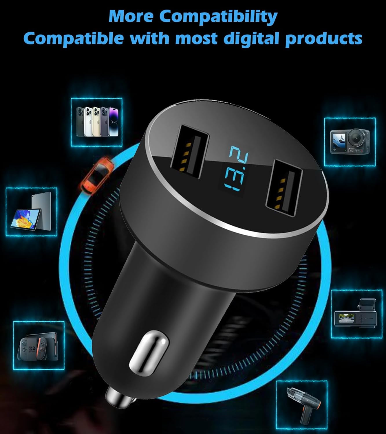 2 USB Car Charger,12V/24V Voltage Meter, Black | Cigarette Lighter USB Adapter with LED Voltage Meter, 12V/24V Car Charger Compatible for Iphone, Samsung, Ipad, GPS, Dash Cam