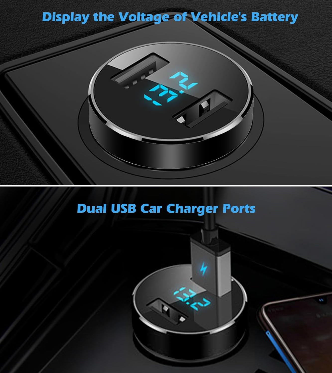 2 USB Car Charger,12V/24V Voltage Meter, Black | Cigarette Lighter USB Adapter with LED Voltage Meter, 12V/24V Car Charger Compatible for Iphone, Samsung, Ipad, GPS, Dash Cam