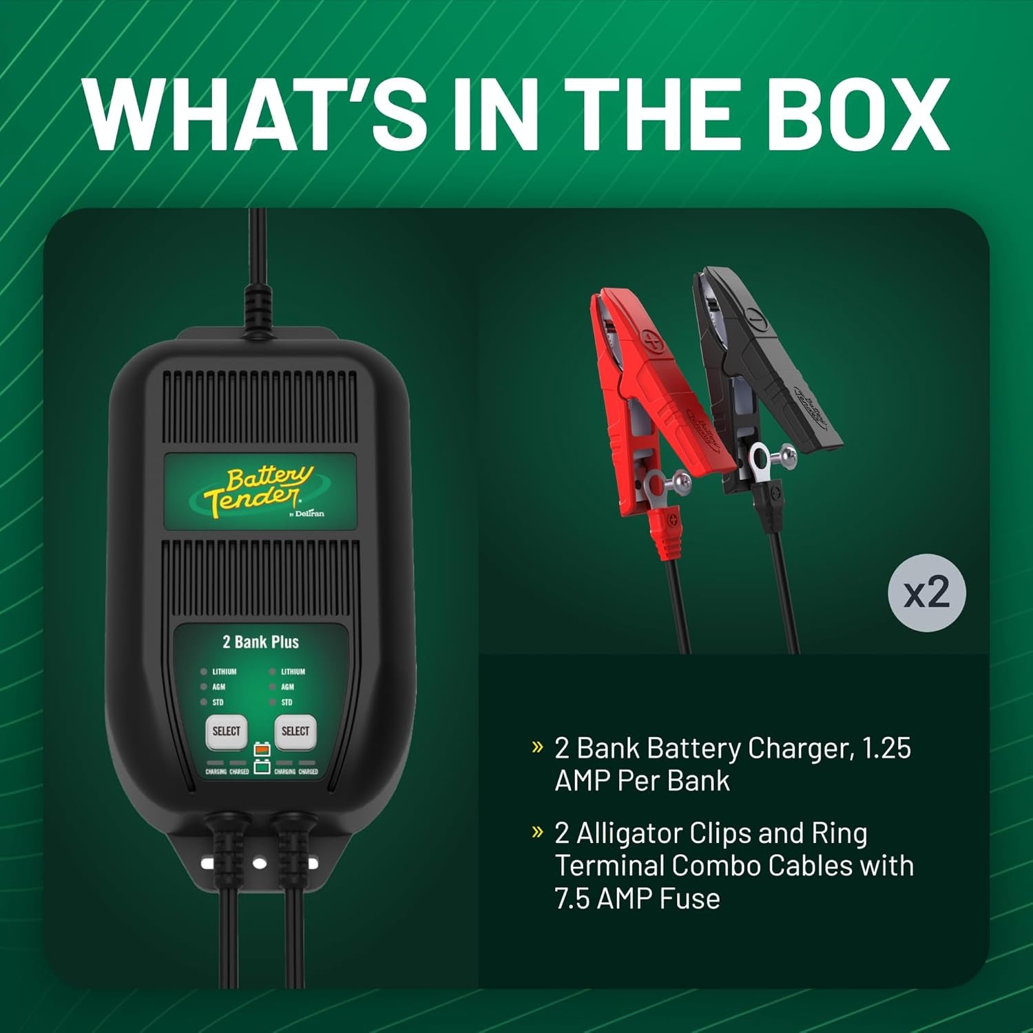 plus 2 Bank Multibank Charger - 2.5 AMP (1.25 Amps per Bank) - Smart 12V Multi Battery Charger and Maintainer for Standard, AGM, and Lithium Lifepo4-022-0165-Dl-Wh