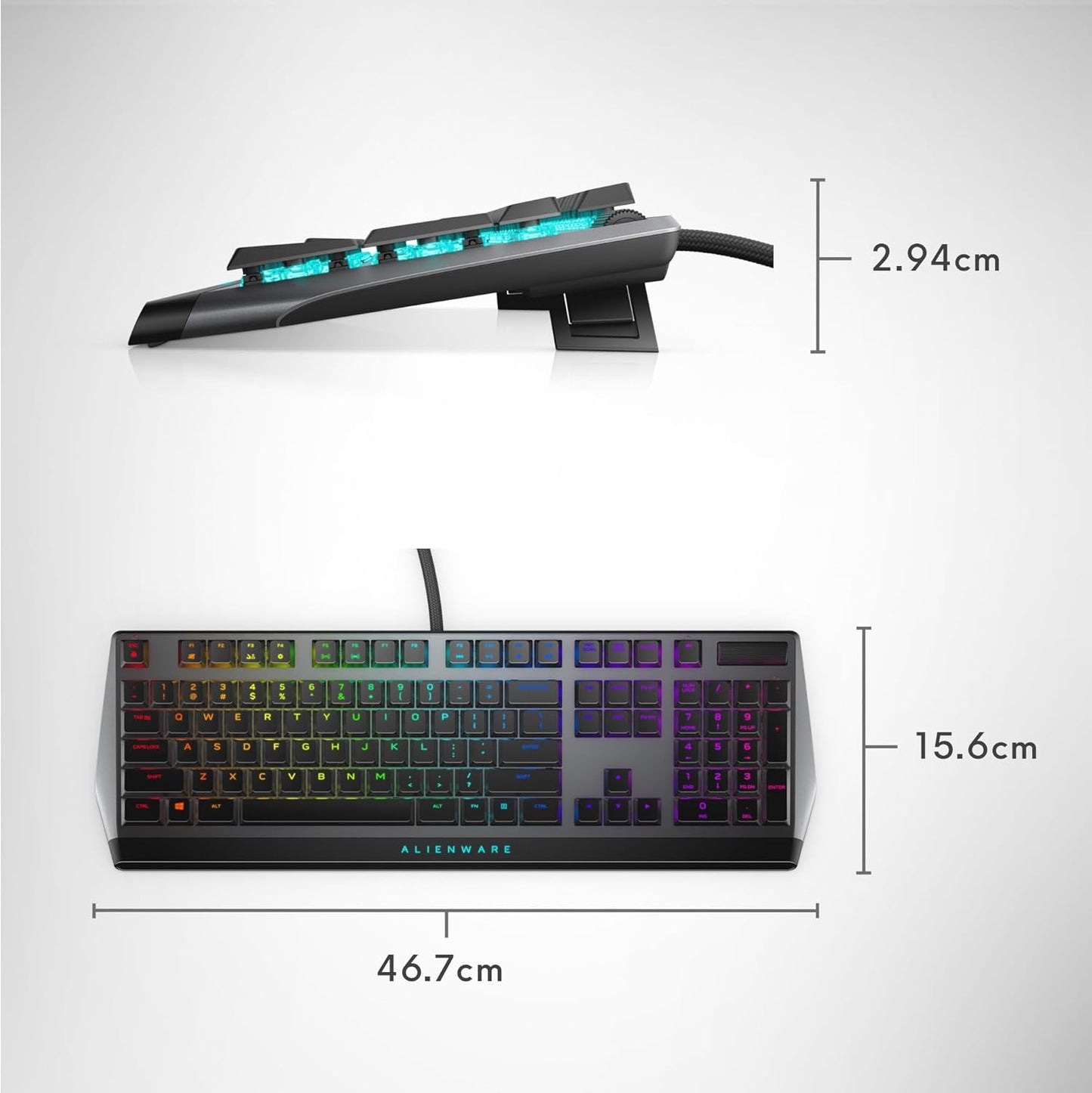 AW510K Low-Profile RGB Gaming Keyboard with AlienFX Per-Key RGB Backlighting, Cherry MX Low Profile Red Switches, USB Passthrough, Media Controls, Numeric Keypad, Adjustable Height, and Gaming Features - Dark Side of the Moon Edition