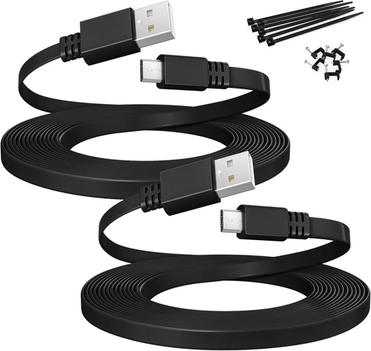 Flat USB a to Micro USB Power Extension Cable 30FT/9M 2Pack,Black | Extra Long Charging Extender Cord for Wyze Cam V4/Pan V2,Blink Mini/Xt2/Outdoor 3,Ezviz,Eufycam 2 Pro/2C,Arlo,Security Camera